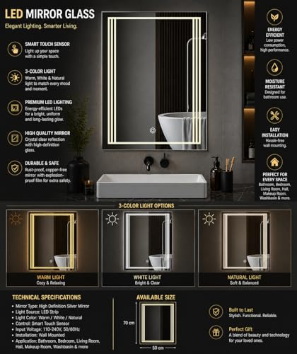 Image of LED Bathroom Wall Mirror with 3 Decorative Lights | Touch Sensor | Warm | Natural and Cool White | for Wash Basin | Bedroom | Dressing Area (Portrait, 18x24)