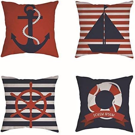 RuiHome Set of 4 Nautical Cushion Pillow Covers Cotton Linen Decorative Pillowcase Home Decor - 18" x 18"