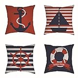RuiHome Set of 4 Nautical Cushion Pillow Covers Cotton Linen Decorative Pillowcase Home Decor - 18"