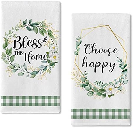 Seliem Spring Eucalyptus Leaves Wreath Kitchen Dish Towel Set of 2, Bless This Home Choose Happy Hand Towel Drying Baking Cooking Cloth, Green Buffalo Plaid Summer Seasonal Kitchen Decor 18x26 Inches