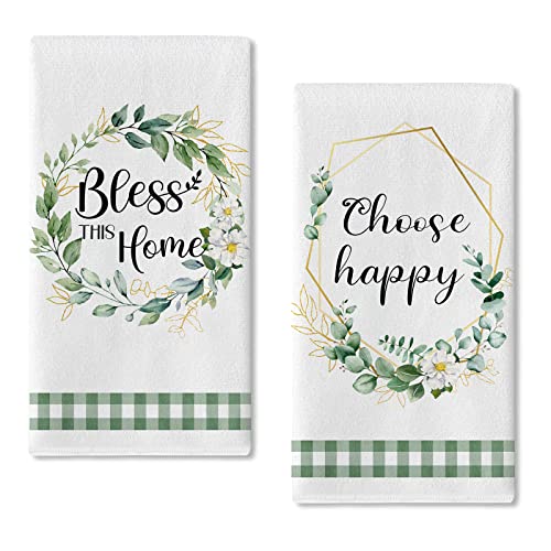 Seliem Spring Eucalyptus Leaves Wreath Kitchen Dish Towel Set Of 2, Bless This Home Choose Happy Hand Towel Drying Baking Cooking Cloth, Green Buffalo Plaid Summer Seasonal Kitchen Decor 18X26 Inches #TOP22