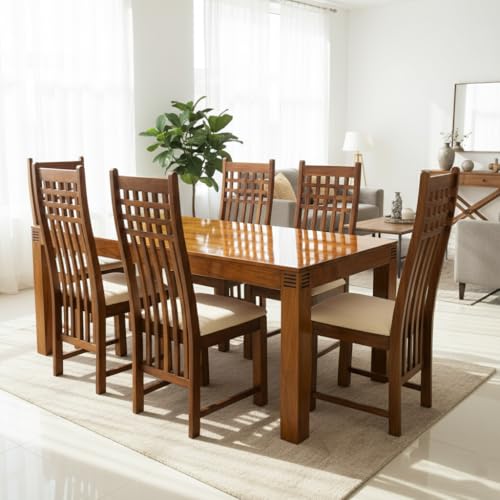 Image of Sheesham Wood Dining Table 6 Seater with Chairs for Dining Room Dining Table 6 Seater Set (Brown, Natural Honey Finish)