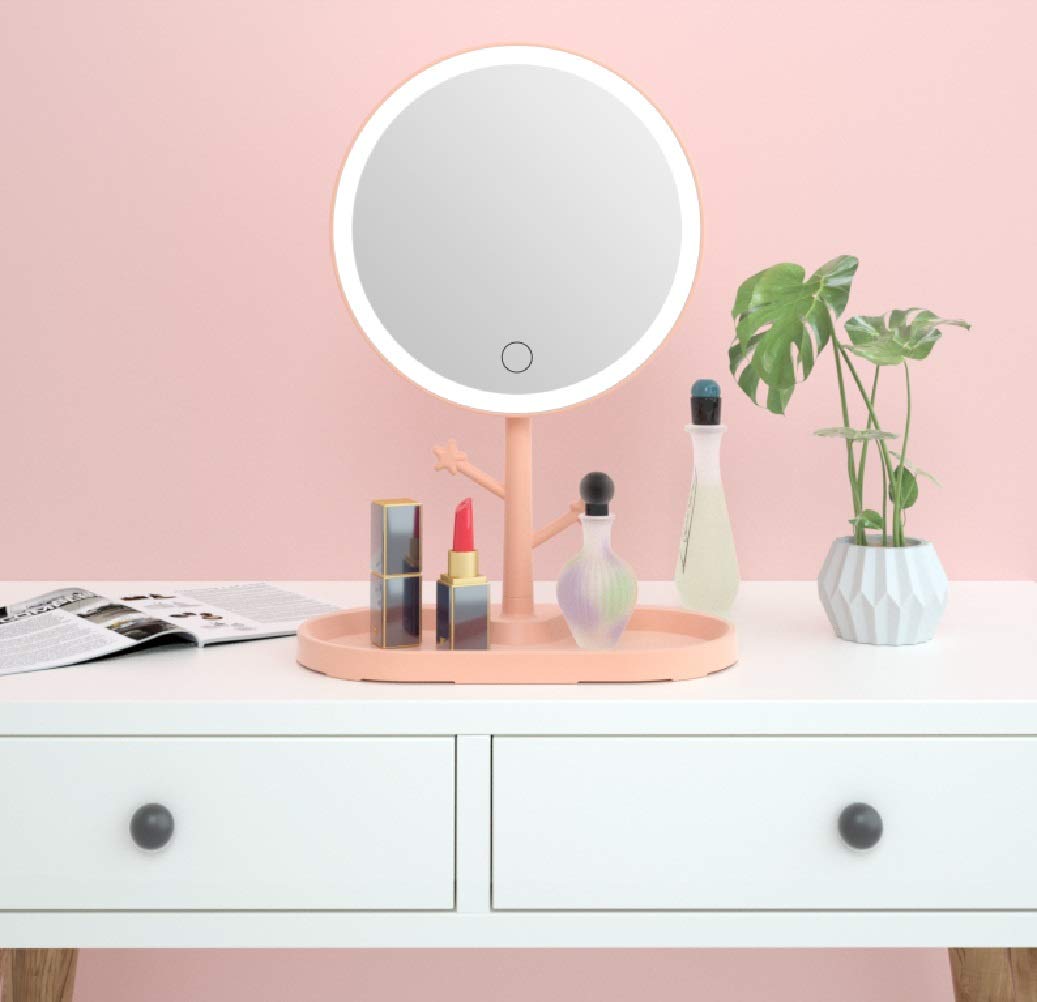 Lusterko kosmetyczne, Lustro do makijażu LED z oświetleniem, damska lampa miejscem przechowywania, obrotowe lustro na biurko, okrągłe lusterka kosmetyczne(Pink)