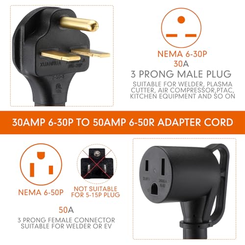 Image of Tellegloww NEMA 6-30P to 6-50R Welder Adapter Cord, 30 Amp 3 Prong Male Plug to 3 Prong Female Receptacle Dryer Welder Power Cord Adapter, STW 10 AWG /3C, 1FT, ETL Listed