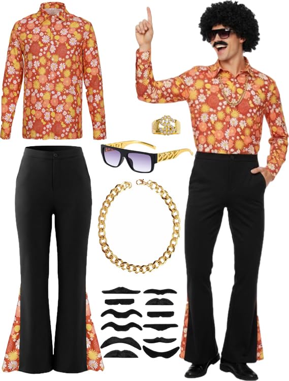 HarnyLoom 70s Disco Outfit Men Disco Costume Set Men with Shirt Flared Pants Accessories 1970s Fancy Dress for Adults Hippie Costume for Halloween Carnival Party (Color 1, 2XL)