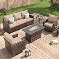 Amopatio Patio Furniture Set with Fire Pit Table, Wicker Outdoor Sectional Sofa with Swivel Rocker Chairs, All-Weather Rattan Conversation Set, Waterproof Cover for Backyard, Deck Brown/Khak 5 PCS