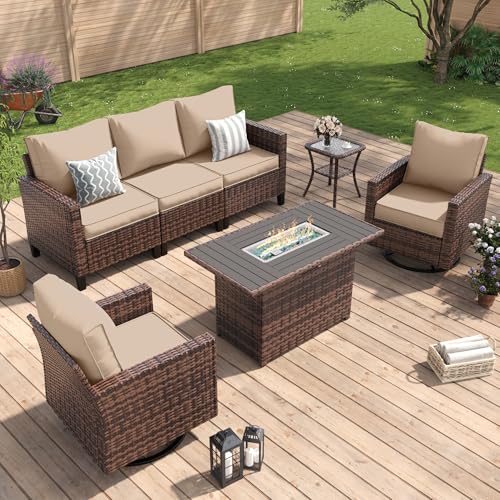 Amopatio Patio Furniture Set with Fire Pit Table, Wicker Outdoor Sectional Sofa with Swivel Rocker Chairs, All-Weather Rattan Conversation Set, Waterproof Cover for Backyard, Deck Brown/Khak 5 PCS