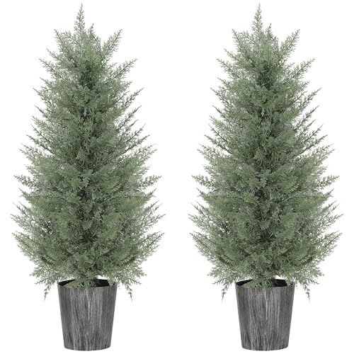 Image of HOMCOM 90cm Artificial Cypress Trees Set of 2, UV Resistant Artificial Plants with Decorative Pot, Fake Plants for Indoor Outdoor Decor, Green