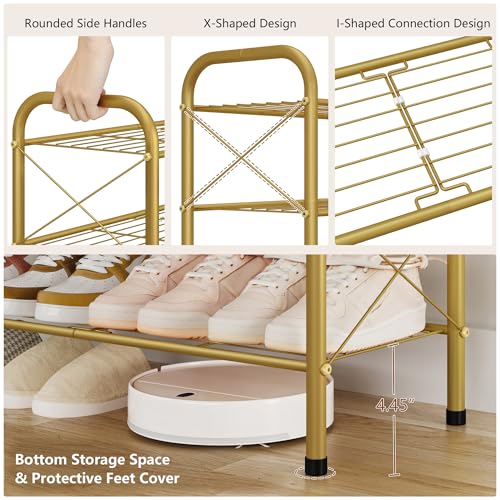 Image of Hoctieon 3 Tier Mesh Style Shoe Rack, Entryway Shoe Shelf, Shoe Storage Organizer, Shoe Rack for Closet, Space Save for Bathroom, Garage, Hallway, Bedroom, Living Room, Gold