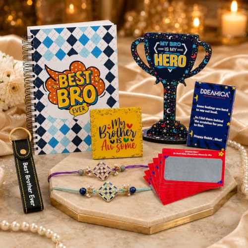 Image of Dreamica Designer Set of 2 Rakhi, Best Bro Diary, Fridge Magnet,Set of 8 Scratch Cards, Trophy showpiece, Keychain,Greeting Card and Tilak Set| Best Rakhi Gift for Brother
