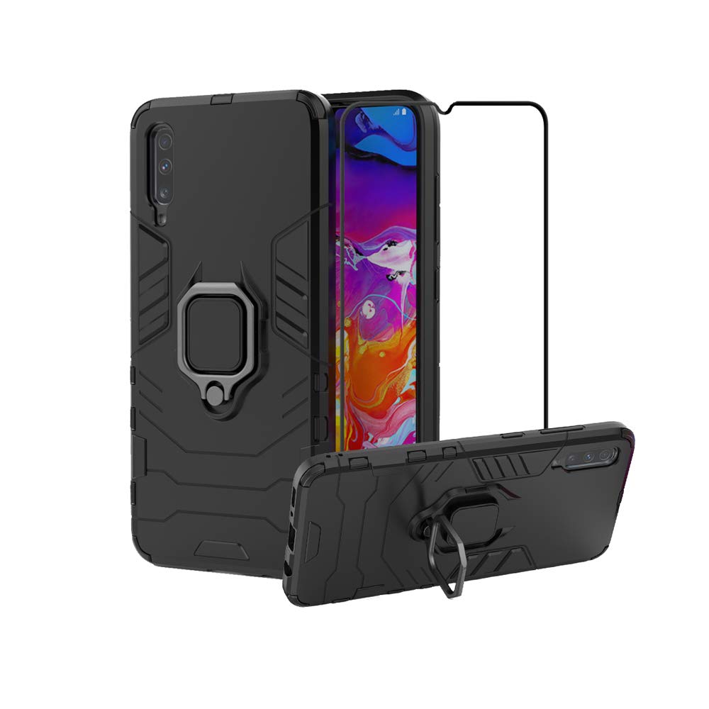 Tempered Glass Hybrid Heavy Duty Protection Shockproof Case for Samsung Galaxy A70 + (Black)