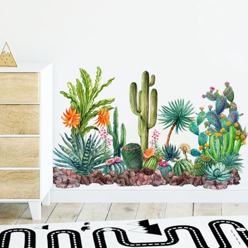 Large Watercolor Succulent Cactus Wall Decal, Tropical Plant Wall Stickers Removable Peel and Stick Wall Decor for Living Room Sofa TV Background