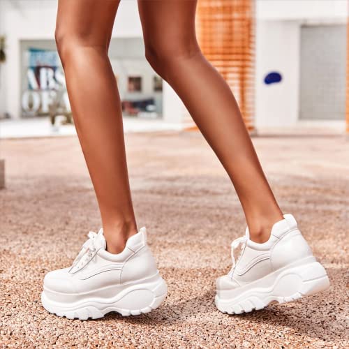 Readysalted Platform Sneakers For Women Fashion Chunky Sneakers Casual Lace Up Walking Sneakers(Blown1-White-07) #TOP6