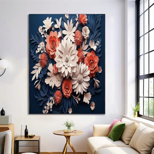 Art mural motif marguerites et roses bleu foncé toile deco salon 70x100