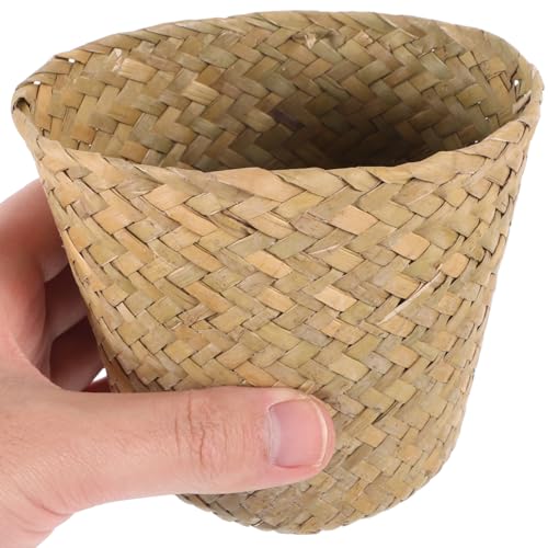 Image of Woven Waste Basket Natural Straw Mini Trash can 4.13 X 4.13 X 3.74 in Small Wicker Wastebasket for Home Organizing Desktop Storage Bathroom Living Room