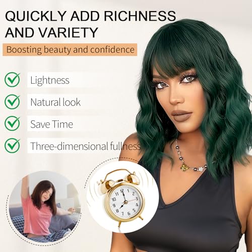Image of AGO Short Bob Wig with Bangs Dark Green Loose Wave Wigs Shoulder Length 14Inch for Women Colorful Costume Wig Heat Resistant Fiber Hair for Daily Party Halloween Cosplay Use(4 /610#DarkGreen)