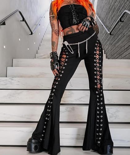 SOMTHRON Women's Sexy Lace Up Bell Bottom Pants High Waist Cut Out Bandage Criss Cross Gothic Flare Night Out Pants3