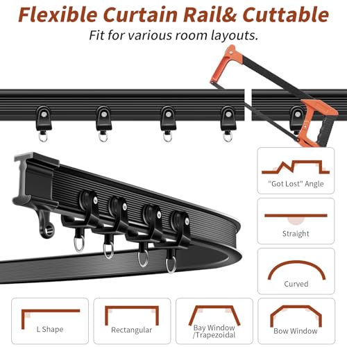Ceiling Curtain Track 10Ft Flexible Bendable Curtain Track Black Curved Curtain Rail Wall Mount Sliding Ceiling Track System Set for Bay Window RV Room Divider - Thumbnail 4