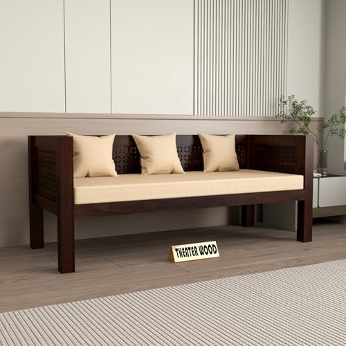 Image of Sheesham Wooden 3 Seater Sofa for Living Room | Rosewood Cushion Sofa | Solid Wood Sofa Set for Lounge
