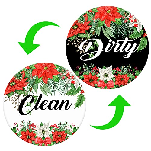 Dishwasher Magnet,Clean Dirty Sign Indicator- Double Sided Magnet with Magnetic Plate, Kitchen Dish Washer Refrigerator Reversible Indicator Poinsettias Flower