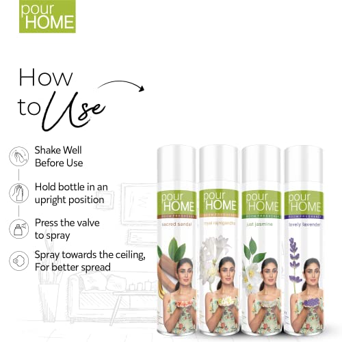 Image of POUR HOME Sacred Sandal, Rajni Gandha, Jasmine & Lavender Room Air Freshener Spray - 220ML Each (Combo of 4) | Long-Lasting Fragrance - Reduces Odours - Suitable for Home & Office