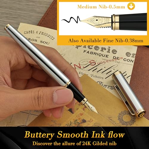 Image of BEILUNER Silver Chrome Fountain Pen,Stunning Luxury with 24K Gold Accents, Gorgeous 24K Gilded Nib(Medium), Fancy Pen Gift for Men&Women -Ink Converter-Elegant, Office,Nice Pen for Writing
