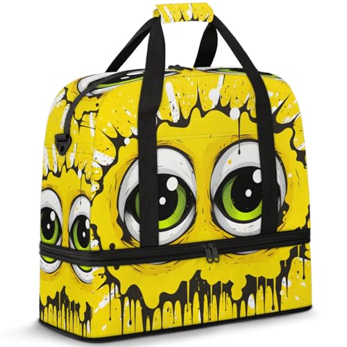 Large Weekender Overnight Bags Yellow Strange Eyes Travel Duffel Bag for Women Men Gym Bag With Shoe Compartment Foldie Travel Tote Bag Carry On Personal Item Bag for Travel Gym Sports