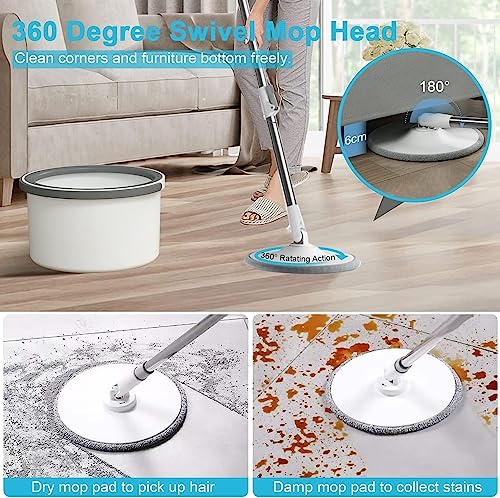 Image of Spin Mop with Bucket Deluxe System for Floor Cleaning - 360 Flexible Mop with Self Separation Dirty and Water System 2 Pcs Reusable Microfiber for All Types of Floor Cleaning (A-Grey)