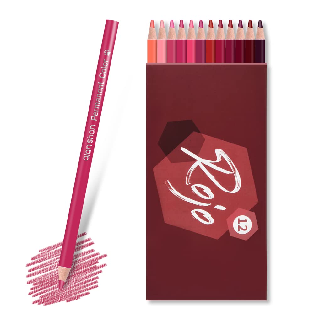 qianshan Juego de 12 lápices de colores rojos a base de aceite preafilados de madera para adultos, libros para colorear, dibujar, suministros de arte, sin duplicados