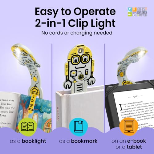 Image of Gifts for Readers & Writers Book Light for Kids, Clip On Reading Light for Bed, 2in1 Flexilight Pals & Bookmark, Small & Lightweight with a Soft Glow, 2 Batteries Included, Robot Grey