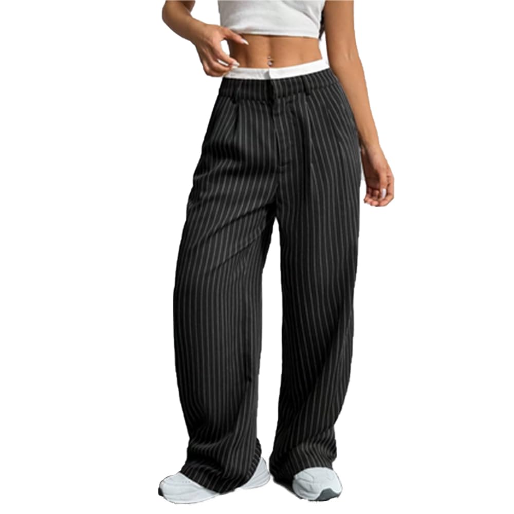 Womens High Waist Patchwork Straight Leg Pants Casual Comfortable with Draped Elastic Waistband