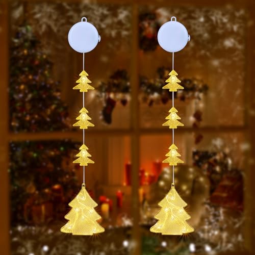 Qedertek Luces de Navidad - Cortina de Luces con Árbol a Pilas, 2 Modos, Temporizador, Blanco Calido, Ventana de Decoración para Interior Exterior Navidad Fiesta (2 Piezas)