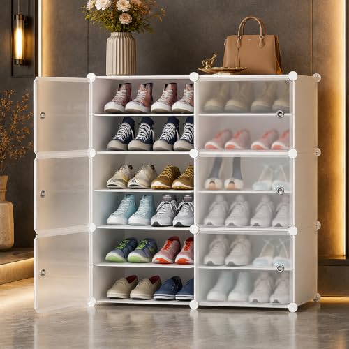 Image of AYSIS Premium Foldable Plastic Shoe Rack for Home, ๐ ๐๐จ๐จ๐ซ ๐๐ ๐๐ก๐๐ฅ๐ Shoe Cabinet, Dustproof & Waterproof Organizer, Portable Space Saving Storage for Entryway, Bedroom & Living Room, White
