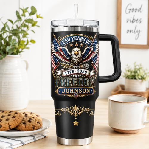 Image of Personalized 250th Anniversary Of America Tumbler - Custom Patriotic USA Flag 1776-2026 Gifts - US Eagle Freedom Tumbler 40oz A17 - American Flag Independence Celebration Gifts For Men, Women