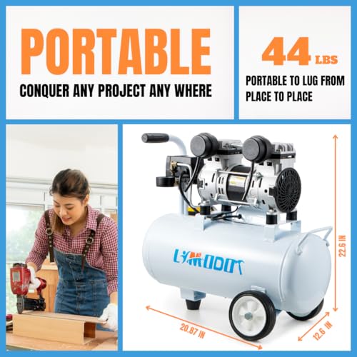 Image of Quiet Oil-Free Air Compressor, 68 dB, 2.8 CFM @ 90 PSI, 8 Gallon Air Tank | Steel Tank Compressor for Woodworking, Nailing, Garage Use, Car Inflation and Pneumatic Tools, Includes Air Hose Kit