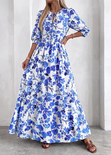 Image of KIRUNDO Maxi Dresses for Women 2026 3 /4 Sleeve Summer Dress | Spring Boho Floral, Drawstring Tie Neck, Loose Fit, Elastic Waist, Pockets, Wedding Guest, Beach Vacation Flowy Long Dress