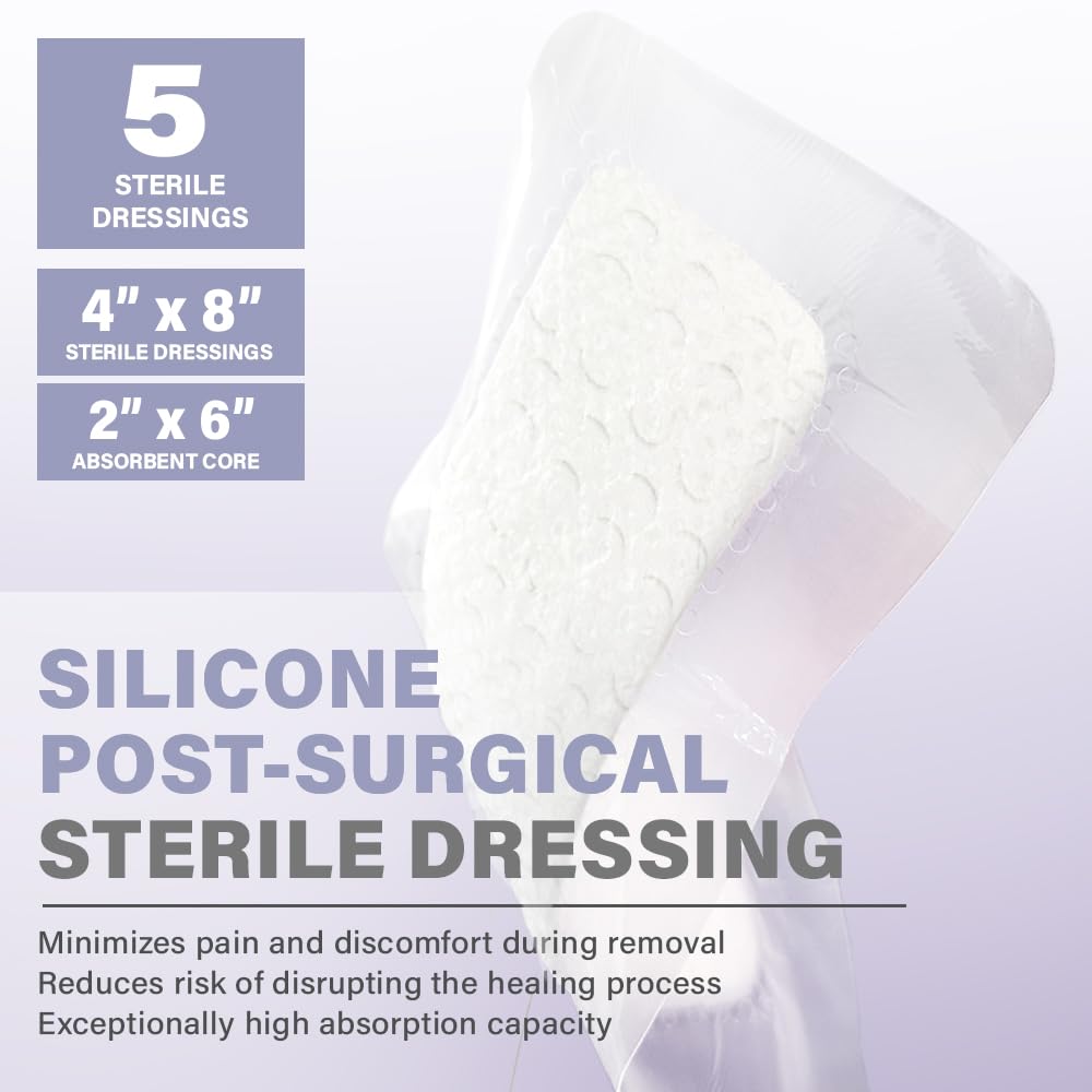 EVERLIT Post-Surgical Dressing | Sterile Waterproof Adhesive Dressing for Post-Operative Wound Care | Hypoallergenic Silicone Coated Bandage for Surgical Incision Pack of 5 (4" x 8") — Amazon image 2