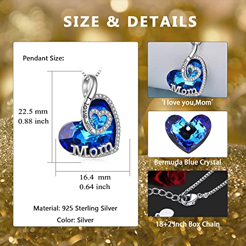 Toupop Gifts For Mom Sterling Silver I Love You Mom Necklace For Women With Sapphire Heart Crystal Mother Jewelry September Birthstone Pendant Necklace For Mothers Day Birthday Christmas Gifts For Mom From Daughter Son #TOP3
