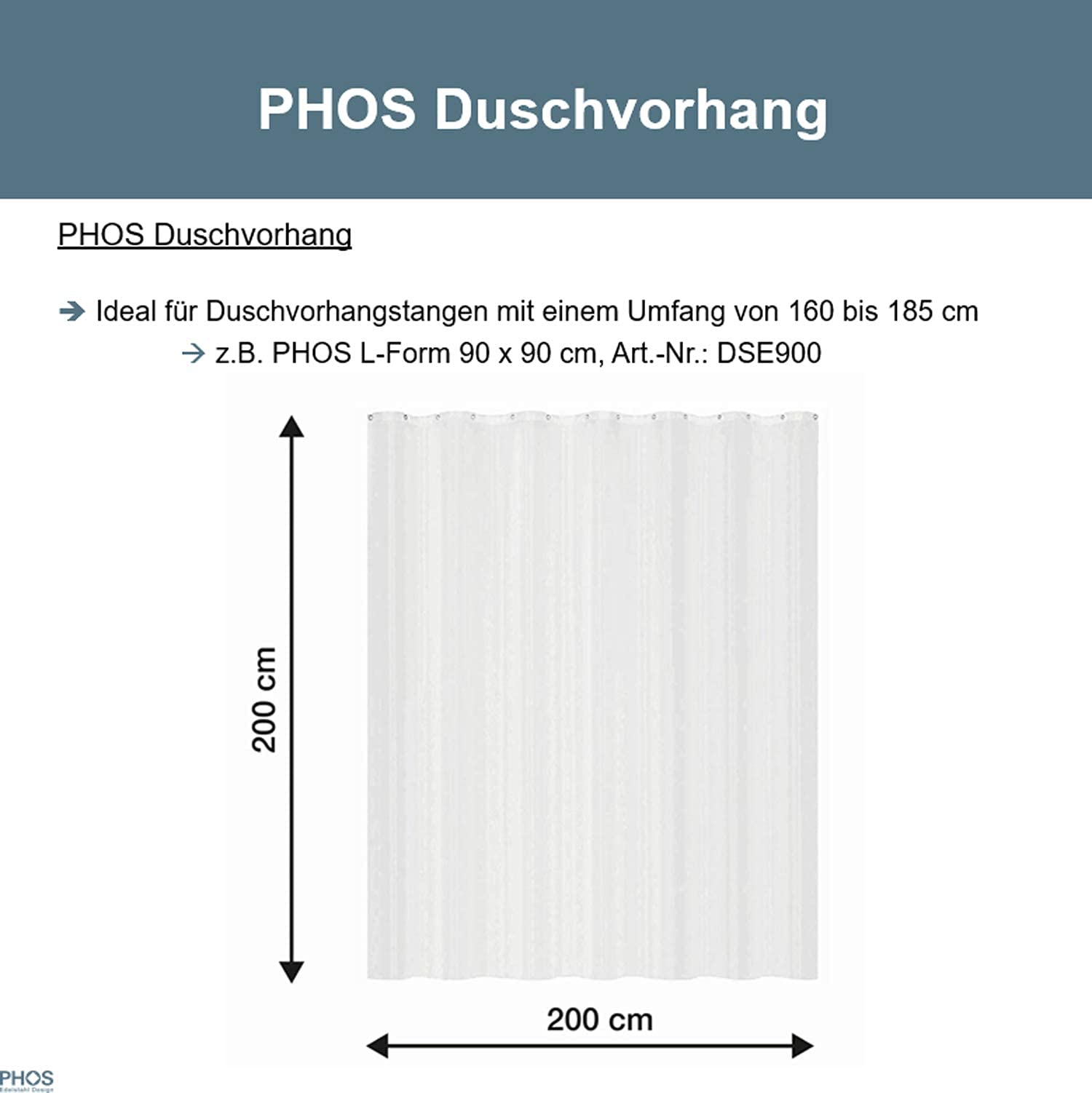 Duschvorhang Pure, 200x200 cm, matt weiß, antibakteriell, Anti-Schimmel-Beschichtung, waschbar, Anti-statisch, 2x2 m, hochwertig, Premium - PHOS Design