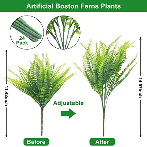 Aufind 24 Bundles Artificial Plants, Outdoor Indoor Uv Resistant Fake Boston Fern Faux Plant No Fade Plastic Greenery Shrubs Garden Porch Window Box Decorating (Green) #TOP1