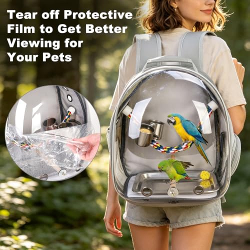 Image of Bird Travel Carrier, Bird Backpack Cage with Rope & Wood Perches Tray Food Bowl, Portable Clear Bubble Window Breathable Mesh Bag for Small Medium Parrots Cockatiel Parakeet Budgies Conures Lovebirds