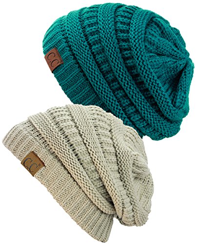 C.C Trendy Warm Chunky Soft Stretch Cable Knit Beanie Skully, 2 Pack Teal/Beige