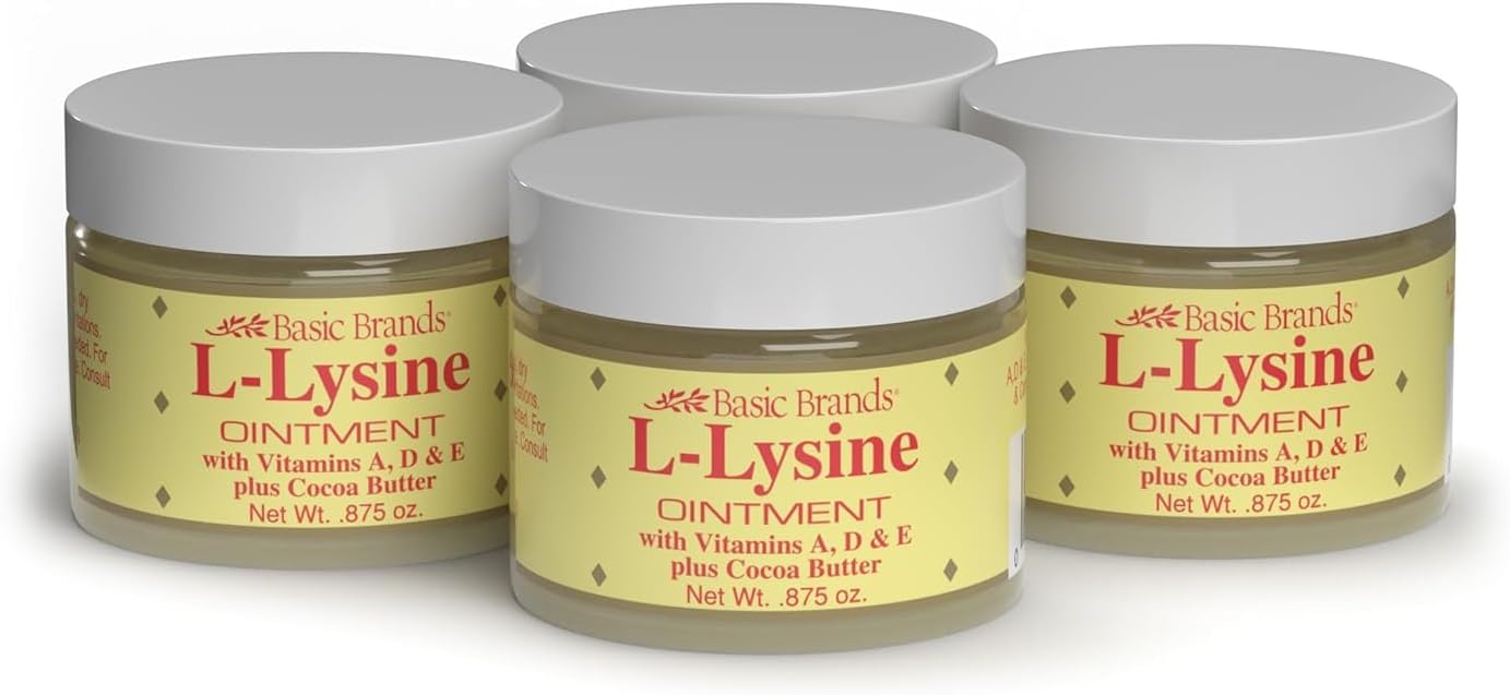 Basic Brands - L-Lysine Ointment - 0.875 oz - Lysine Cold Sore Treatment and Blister Relief - Soothes Lips – 4 Pack