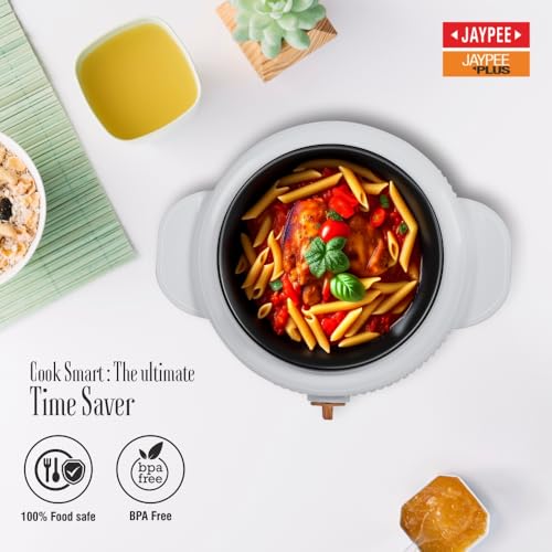 Image of Jaypee Plus Electric CookSmart Casserole with Teflon NonStick Coating Bowl for Reheating & Cooking, Serving Casserole Wooden Finish Lid & Regulator Knob Toughened Glass Lid, 1500 ml, Grey