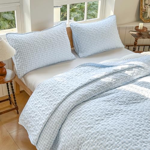 NSNLGSGC Light Blue Gingham Queen Summer Bedspread Quilt Set