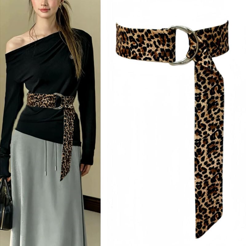 Fashion Retro Women's Long Leopard Double D Ring Belt Scarf Sash Waist Belt Waistband Cinch For Formal Special Occasion Dresses Jeans Coat3
