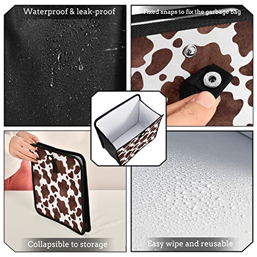 Image of Brown Cow Print Car Trash Can Abstract Animal Skin Foldable Hanging Car Trash Bag Bin Auto Garbage Can Leak-Proof Car Organizer(Large)