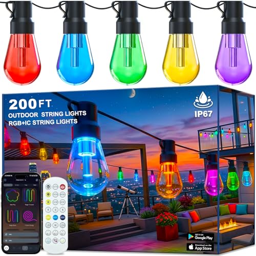 Outdoor String Lights,200FT Smart RGB+IC Patio Lights with Shatterproof LED Bulbs ,Outside Light Dimmable Patio for Decor DIY IP67 Waterproof ,Courtyard, garden,Holiday,LED lights more Scene Modes