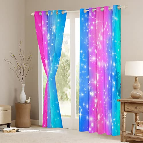 Erosebridal Gold Stars Rainbow Curtains For Kids Girls Toddler,Starry Stars Blackout Curtains,Purple Blue Tie Dyed Pastel Curtains & Drapes 52X63 Inch,Mermaid Princess Window Curtains 2 Panels #TOP3