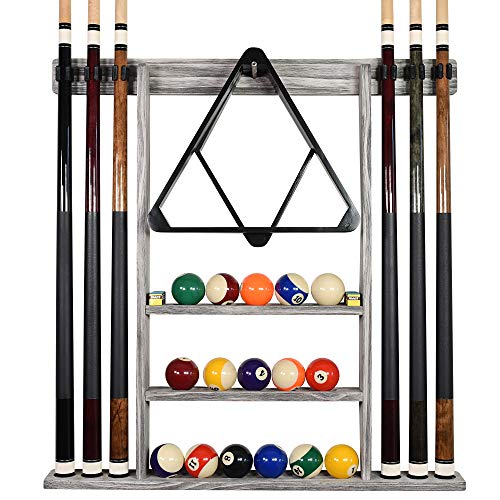 BILLIARDS XPRESS Pool Cue Rack - Pool Stick Holder Wall Mount With 16 Ball Holders & 6 Pack Of Chalk - Rubber Circle Pads & Large Clips Prevent Damage - Billiard Table Accessories For Man Cave (Gray)